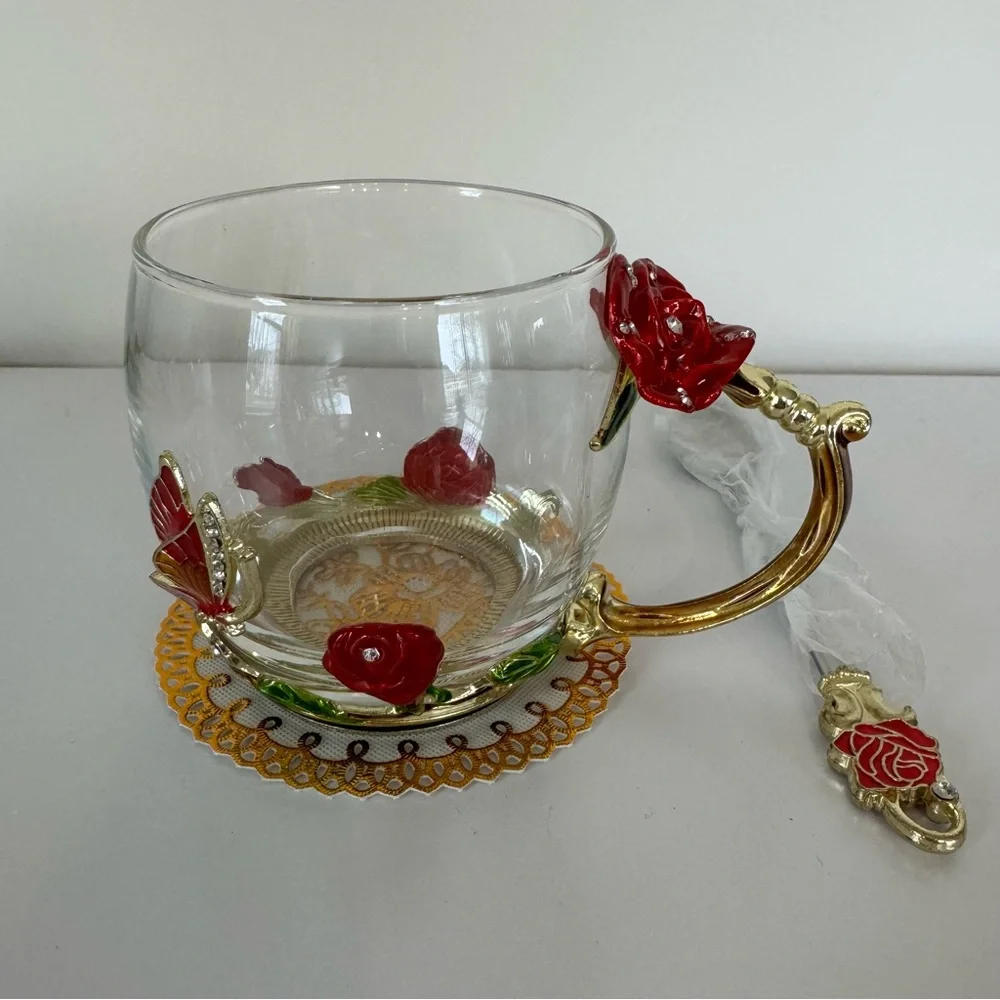 Rose and Butterly, Enamel, Glass Coffee/Tea Cup with Embellished Spoon